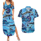 Sharks Aboriginal Australia Couples Matching Summer Maxi Dress and Hawaiian Shirt Indigenous Art Blue