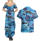 Sharks Aboriginal Australia Couples Matching Summer Maxi Dress and Hawaiian Shirt Indigenous Art Blue