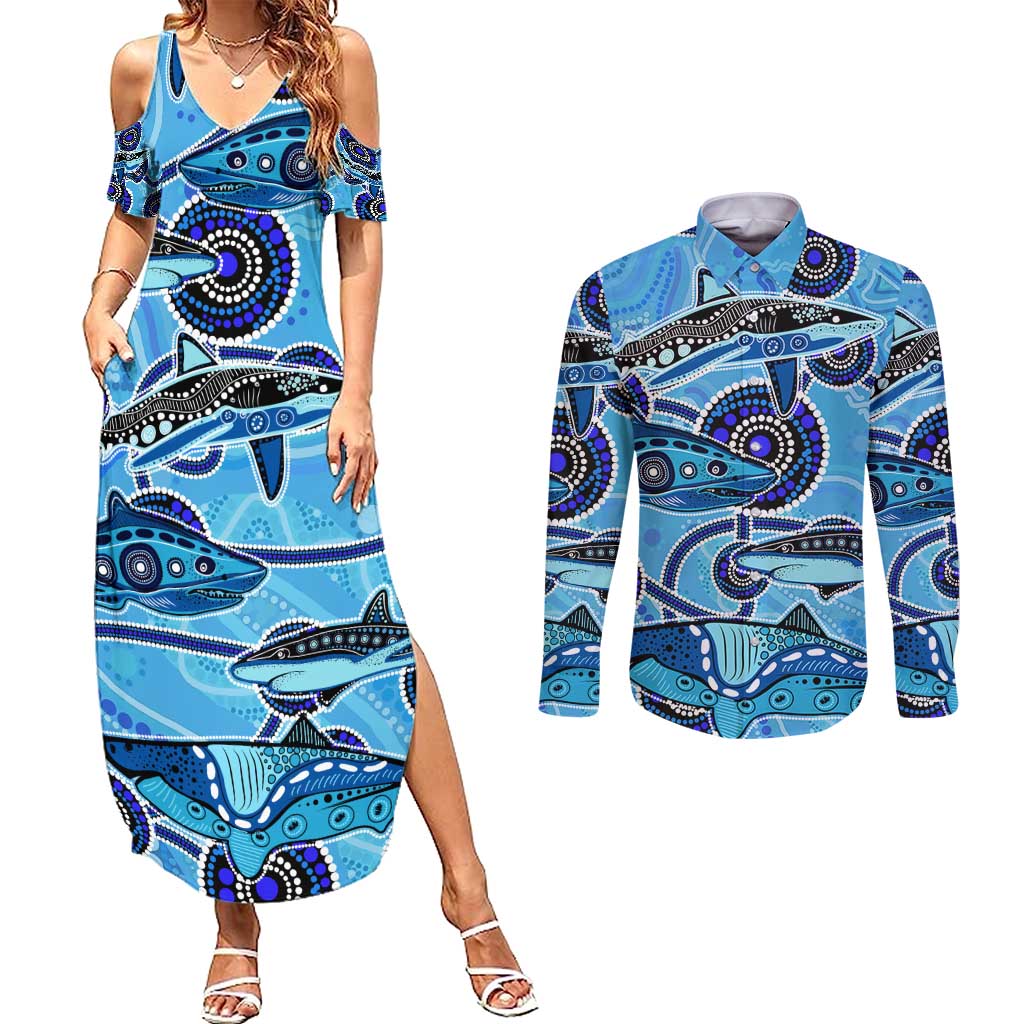 Sharks Aboriginal Australia Couples Matching Summer Maxi Dress and Long Sleeve Button Shirt Indigenous Art Blue