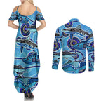 Sharks Aboriginal Australia Couples Matching Summer Maxi Dress and Long Sleeve Button Shirt Indigenous Art Blue