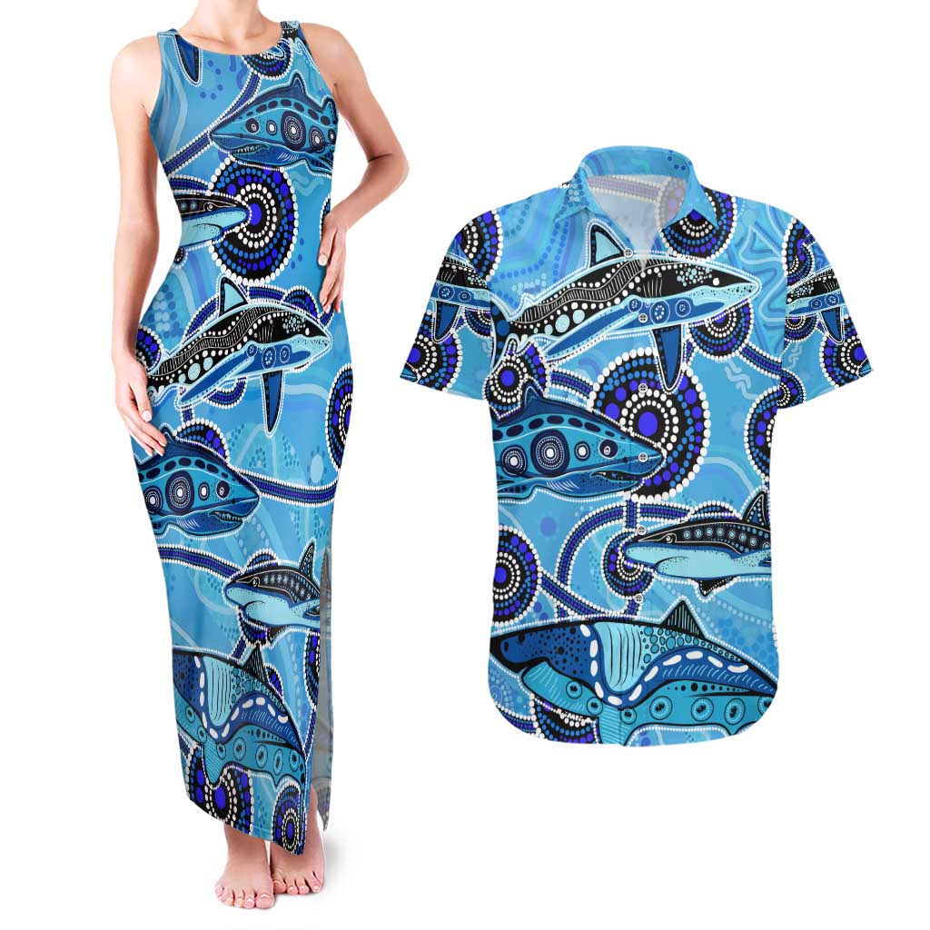 Sharks Aboriginal Australia Couples Matching Tank Maxi Dress and Hawaiian Shirt Indigenous Art Blue
