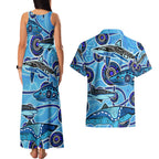 Sharks Aboriginal Australia Couples Matching Tank Maxi Dress and Hawaiian Shirt Indigenous Art Blue