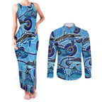Sharks Aboriginal Australia Couples Matching Tank Maxi Dress and Long Sleeve Button Shirt Indigenous Art Blue