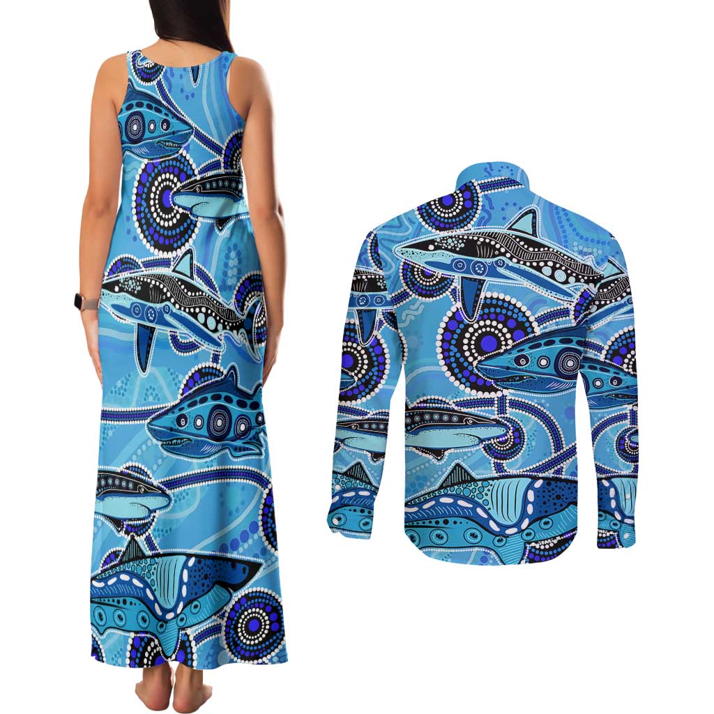 Sharks Aboriginal Australia Couples Matching Tank Maxi Dress and Long Sleeve Button Shirt Indigenous Art Blue