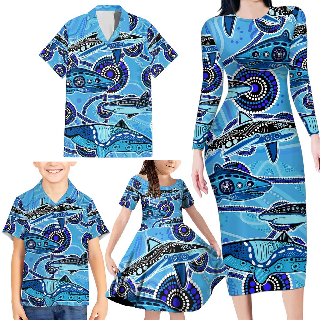 Sharks Aboriginal Australia Family Matching Long Sleeve Bodycon Dress and Hawaiian Shirt Indigenous Art Blue
