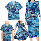 Sharks Aboriginal Australia Family Matching Long Sleeve Bodycon Dress and Hawaiian Shirt Indigenous Art Blue