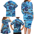 Sharks Aboriginal Australia Family Matching Long Sleeve Bodycon Dress and Hawaiian Shirt Indigenous Art Blue