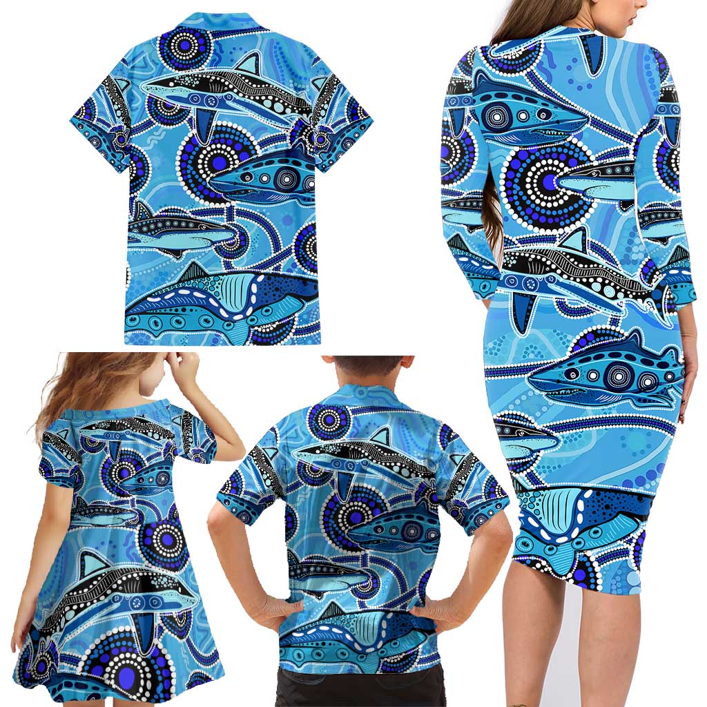 Sharks Aboriginal Australia Family Matching Long Sleeve Bodycon Dress and Hawaiian Shirt Indigenous Art Blue