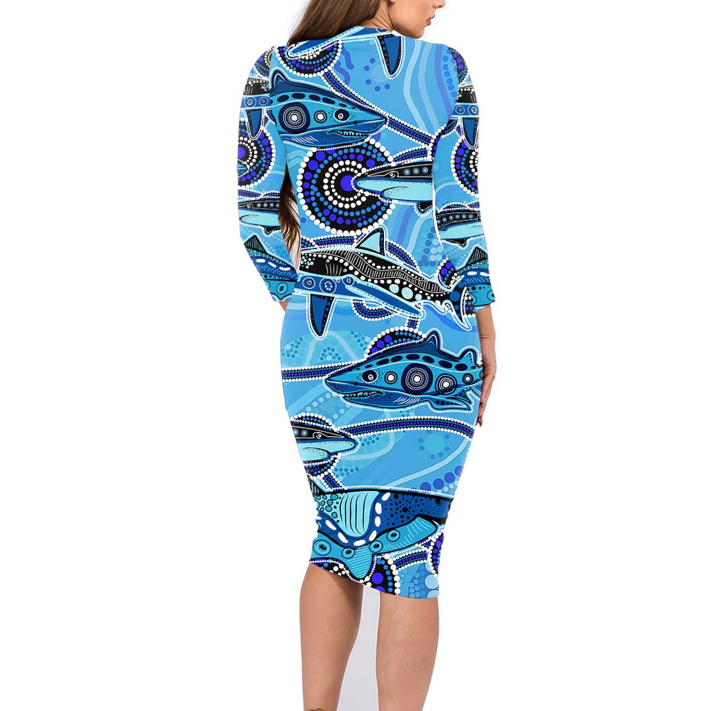 Sharks Aboriginal Australia Family Matching Long Sleeve Bodycon Dress and Hawaiian Shirt Indigenous Art Blue