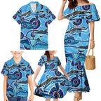 Sharks Aboriginal Australia Family Matching Mermaid Dress and Hawaiian Shirt Indigenous Art Blue