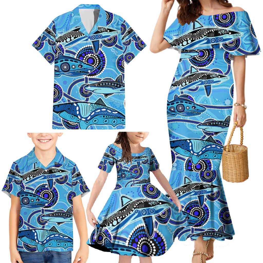 Sharks Aboriginal Australia Family Matching Mermaid Dress and Hawaiian Shirt Indigenous Art Blue