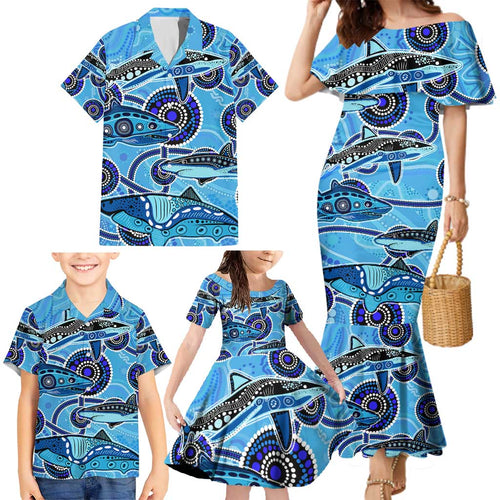 Sharks Aboriginal Australia Family Matching Mermaid Dress and Hawaiian Shirt Indigenous Art Blue