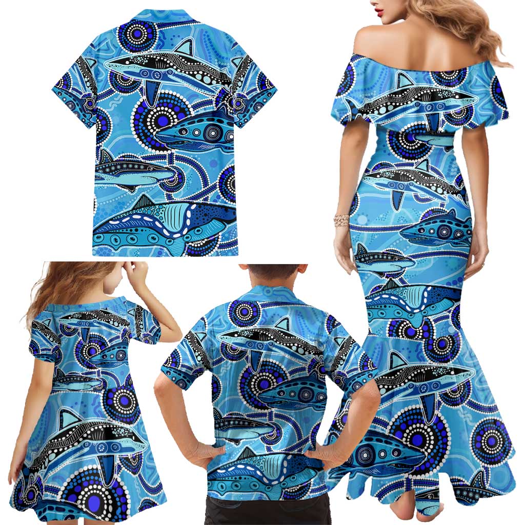 Sharks Aboriginal Australia Family Matching Mermaid Dress and Hawaiian Shirt Indigenous Art Blue