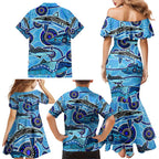 Sharks Aboriginal Australia Family Matching Mermaid Dress and Hawaiian Shirt Indigenous Art Blue