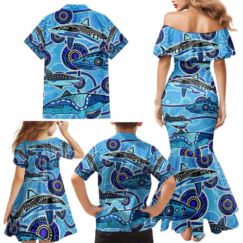 Sharks Aboriginal Australia Family Matching Mermaid Dress and Hawaiian Shirt Indigenous Art Blue