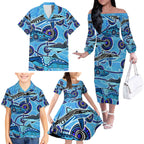 Sharks Aboriginal Australia Family Matching Off The Shoulder Long Sleeve Dress and Hawaiian Shirt Indigenous Art Blue