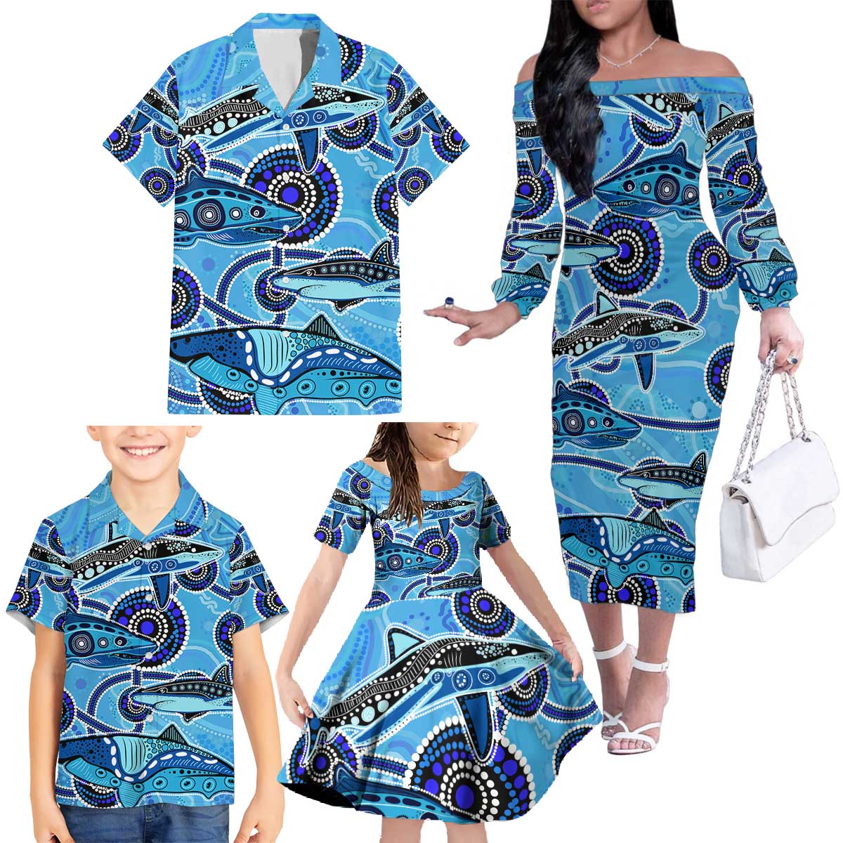 Sharks Aboriginal Australia Family Matching Off The Shoulder Long Sleeve Dress and Hawaiian Shirt Indigenous Art Blue