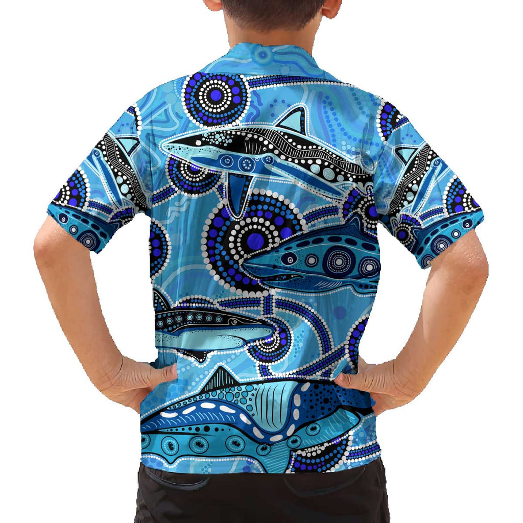 Sharks Aboriginal Australia Family Matching Off The Shoulder Long Sleeve Dress and Hawaiian Shirt Indigenous Art Blue