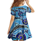 Sharks Aboriginal Australia Family Matching Off The Shoulder Long Sleeve Dress and Hawaiian Shirt Indigenous Art Blue