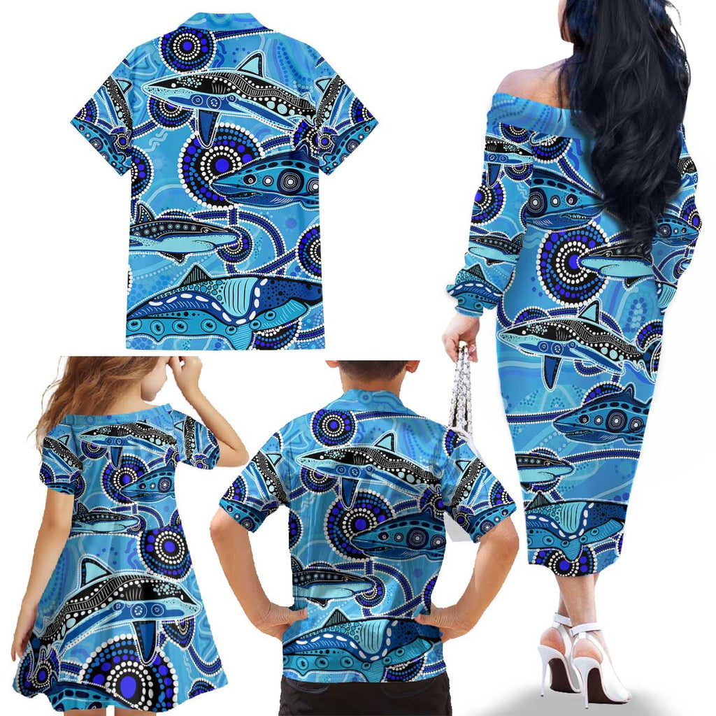 Sharks Aboriginal Australia Family Matching Off The Shoulder Long Sleeve Dress and Hawaiian Shirt Indigenous Art Blue