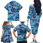 Sharks Aboriginal Australia Family Matching Off The Shoulder Long Sleeve Dress and Hawaiian Shirt Indigenous Art Blue