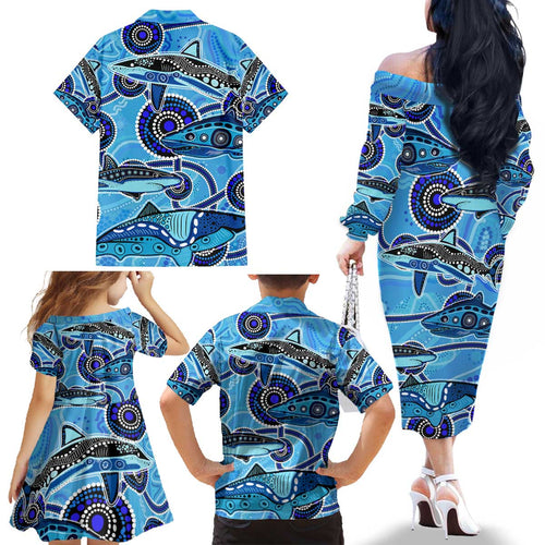 Sharks Aboriginal Australia Family Matching Off The Shoulder Long Sleeve Dress and Hawaiian Shirt Indigenous Art Blue