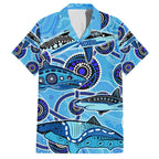 Sharks Aboriginal Australia Family Matching Off The Shoulder Long Sleeve Dress and Hawaiian Shirt Indigenous Art Blue