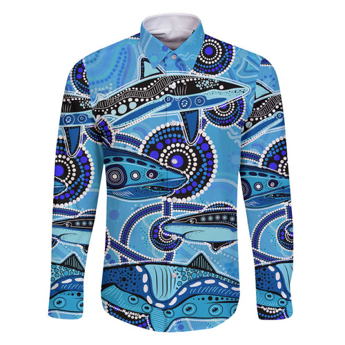 Sharks Aboriginal Australia Family Matching Off The Shoulder Long Sleeve Dress and Hawaiian Shirt Indigenous Art Blue