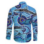 Sharks Aboriginal Australia Family Matching Off The Shoulder Long Sleeve Dress and Hawaiian Shirt Indigenous Art Blue