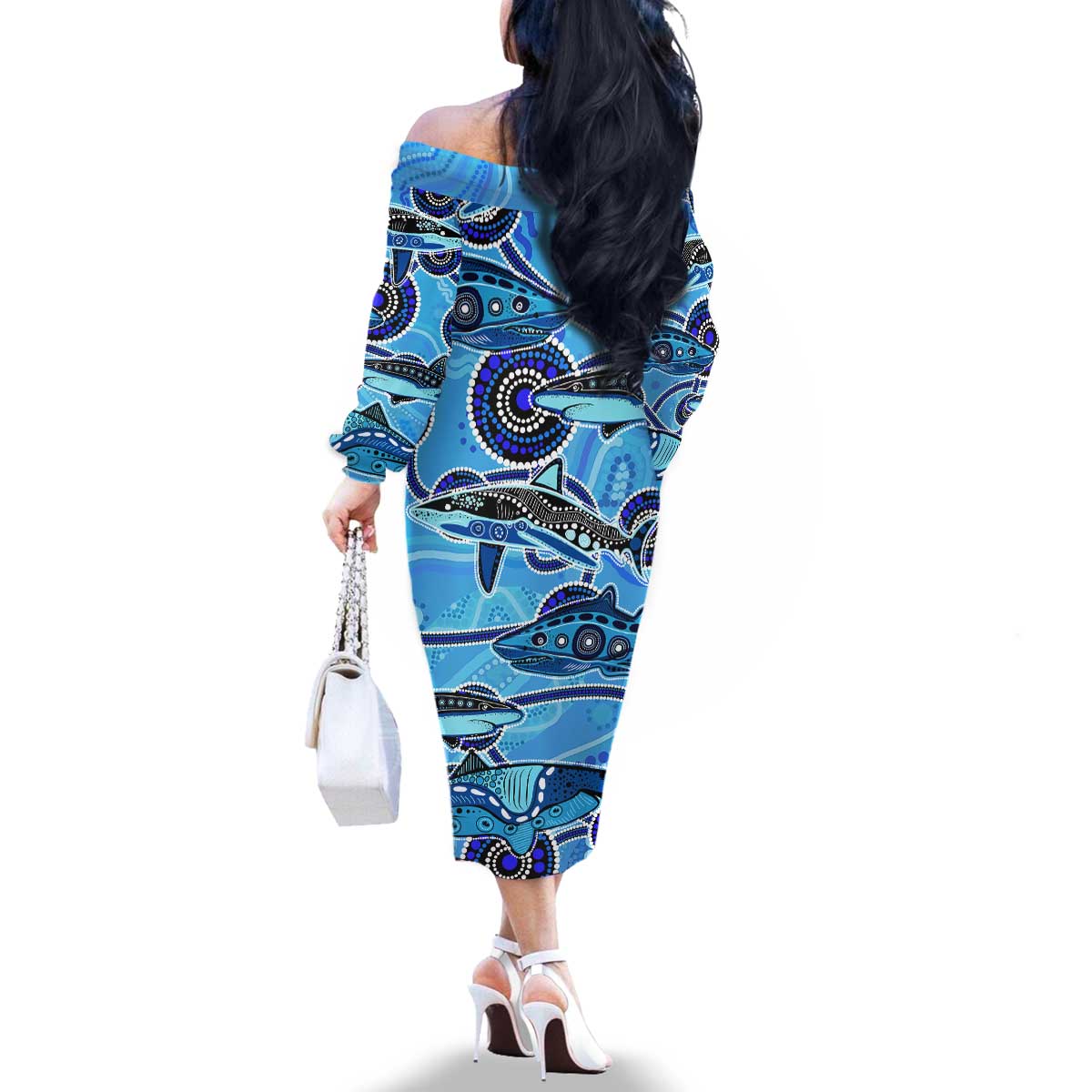 Sharks Aboriginal Australia Family Matching Off The Shoulder Long Sleeve Dress and Hawaiian Shirt Indigenous Art Blue
