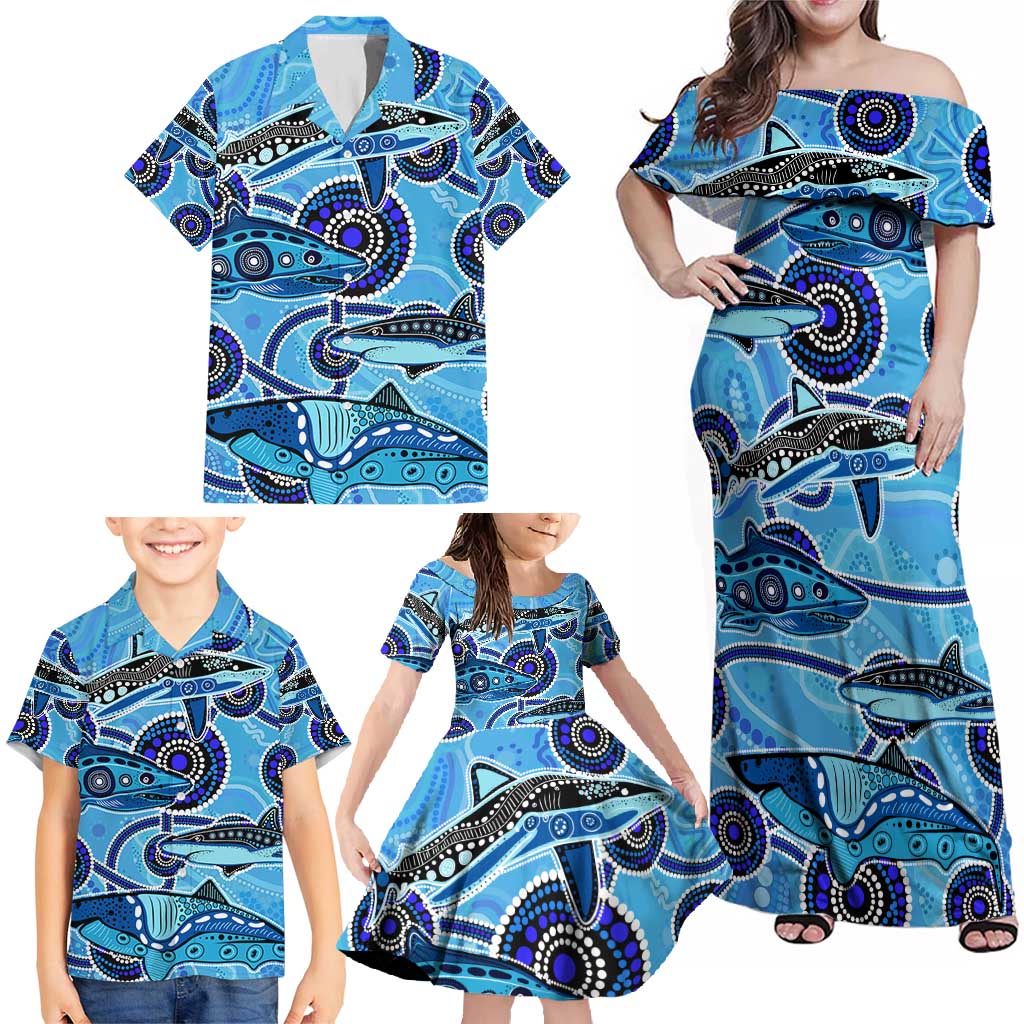 Sharks Aboriginal Australia Family Matching Off Shoulder Maxi Dress and Hawaiian Shirt Indigenous Art Blue
