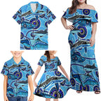 Sharks Aboriginal Australia Family Matching Off Shoulder Maxi Dress and Hawaiian Shirt Indigenous Art Blue