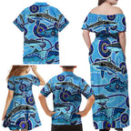 Sharks Aboriginal Australia Family Matching Off Shoulder Maxi Dress and Hawaiian Shirt Indigenous Art Blue