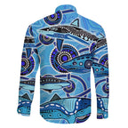 Sharks Aboriginal Australia Family Matching Off Shoulder Maxi Dress and Hawaiian Shirt Indigenous Art Blue