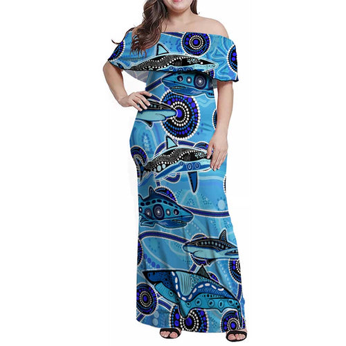 Sharks Aboriginal Australia Family Matching Off Shoulder Maxi Dress and Hawaiian Shirt Indigenous Art Blue