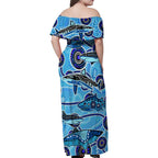 Sharks Aboriginal Australia Family Matching Off Shoulder Maxi Dress and Hawaiian Shirt Indigenous Art Blue