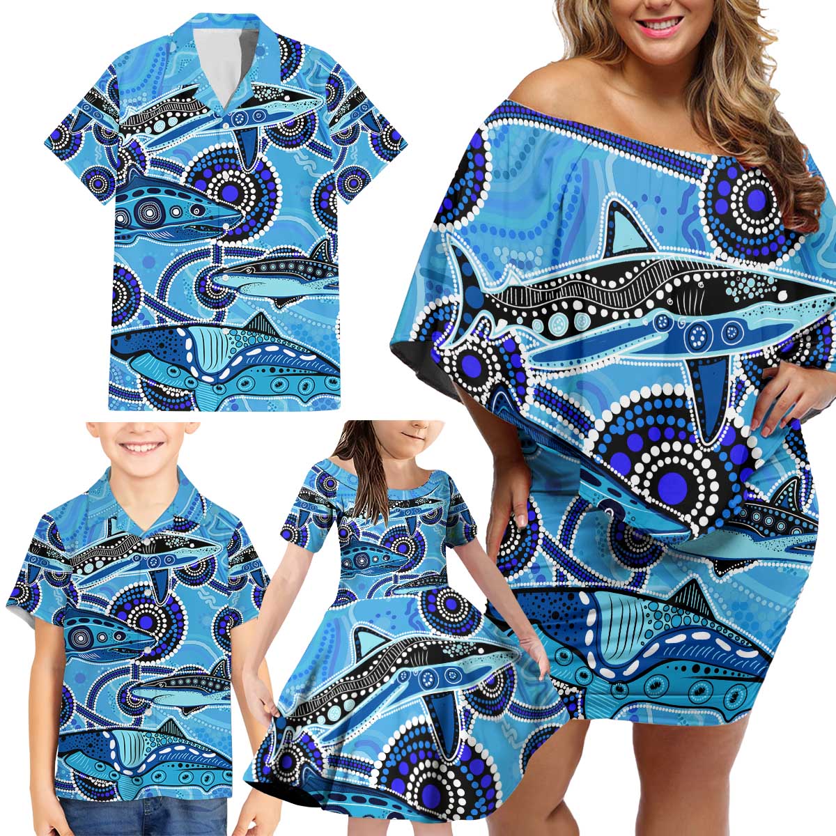 Sharks Aboriginal Australia Family Matching Off Shoulder Short Dress and Hawaiian Shirt Indigenous Art Blue