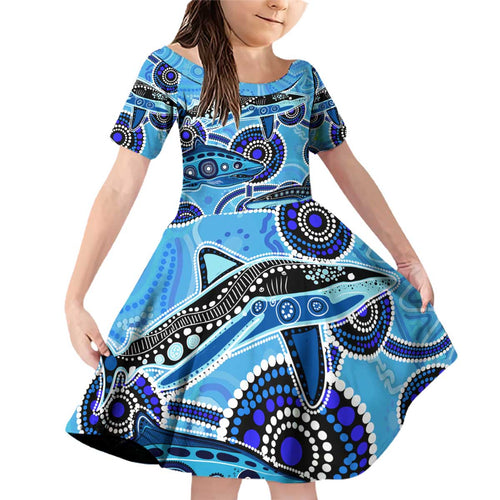 Sharks Aboriginal Australia Family Matching Off Shoulder Short Dress and Hawaiian Shirt Indigenous Art Blue