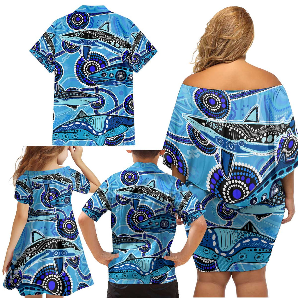 Sharks Aboriginal Australia Family Matching Off Shoulder Short Dress and Hawaiian Shirt Indigenous Art Blue