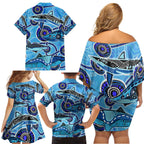 Sharks Aboriginal Australia Family Matching Off Shoulder Short Dress and Hawaiian Shirt Indigenous Art Blue