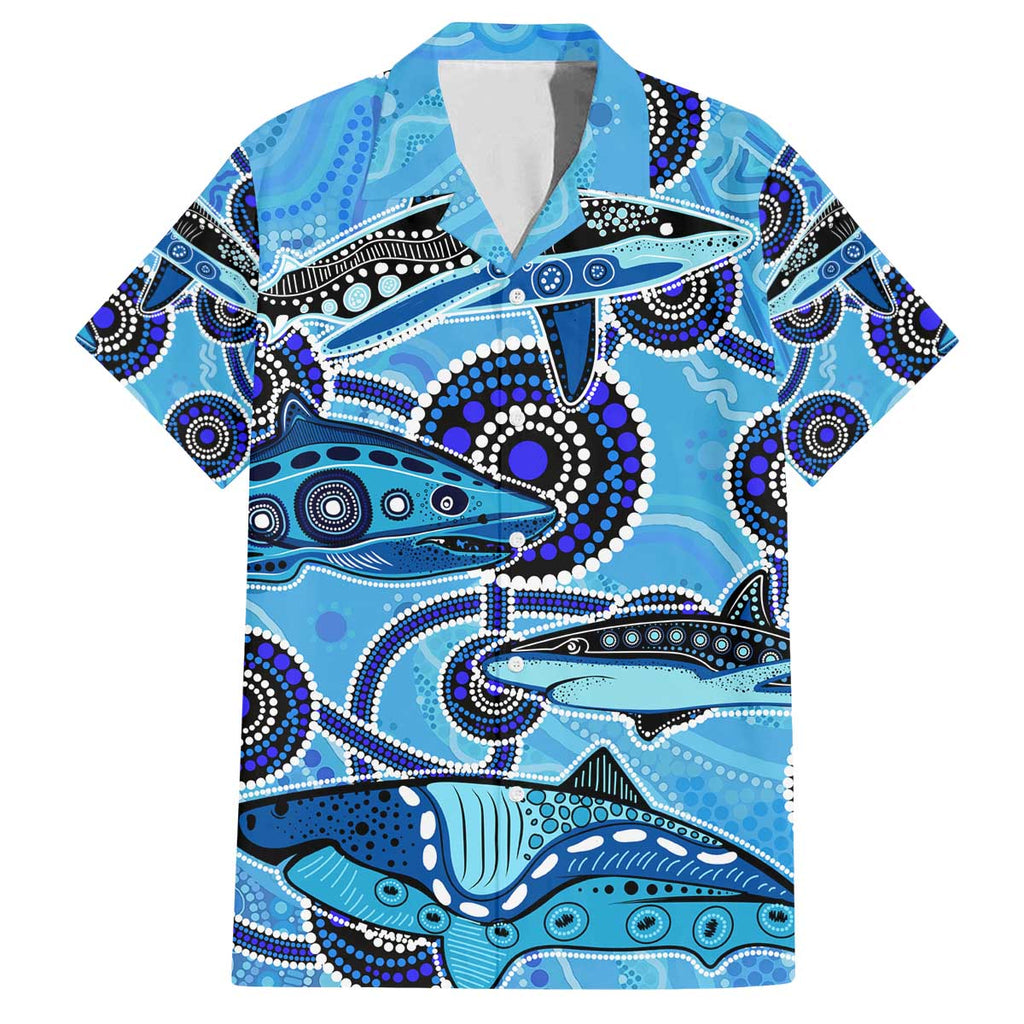 Sharks Aboriginal Australia Family Matching Off Shoulder Short Dress and Hawaiian Shirt Indigenous Art Blue