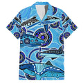 Sharks Aboriginal Australia Family Matching Off Shoulder Short Dress and Hawaiian Shirt Indigenous Art Blue