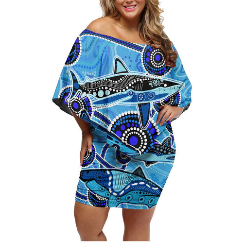 Sharks Aboriginal Australia Family Matching Off Shoulder Short Dress and Hawaiian Shirt Indigenous Art Blue