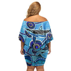 Sharks Aboriginal Australia Family Matching Off Shoulder Short Dress and Hawaiian Shirt Indigenous Art Blue