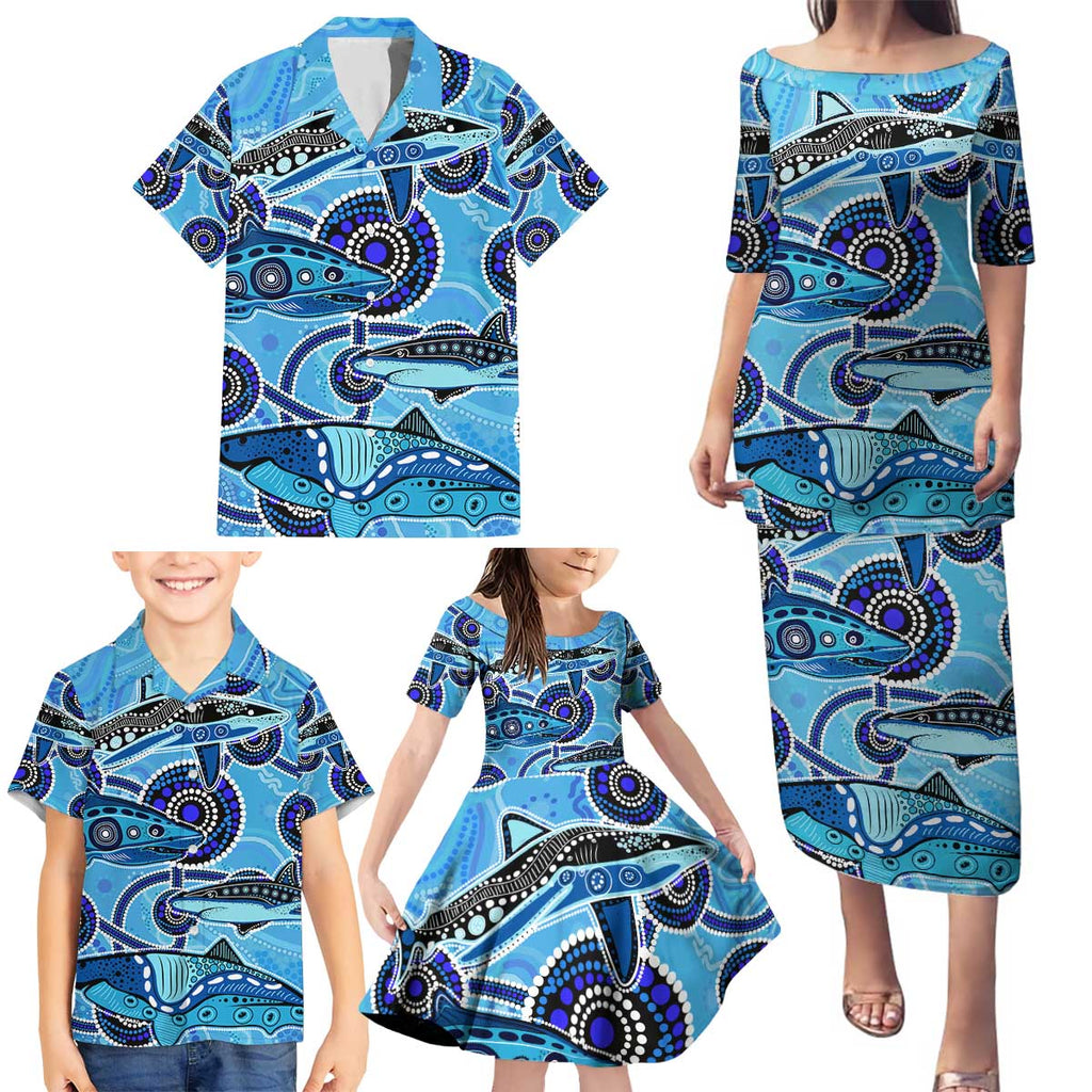 Sharks Aboriginal Australia Family Matching Puletasi and Hawaiian Shirt Indigenous Art Blue