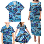 Sharks Aboriginal Australia Family Matching Puletasi and Hawaiian Shirt Indigenous Art Blue