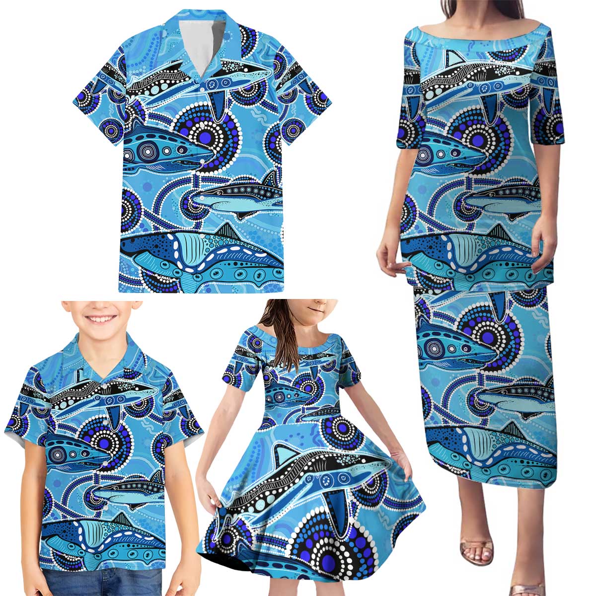 Sharks Aboriginal Australia Family Matching Puletasi and Hawaiian Shirt Indigenous Art Blue