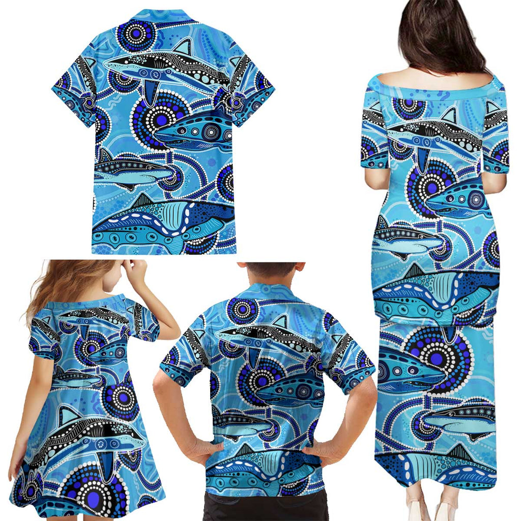 Sharks Aboriginal Australia Family Matching Puletasi and Hawaiian Shirt Indigenous Art Blue