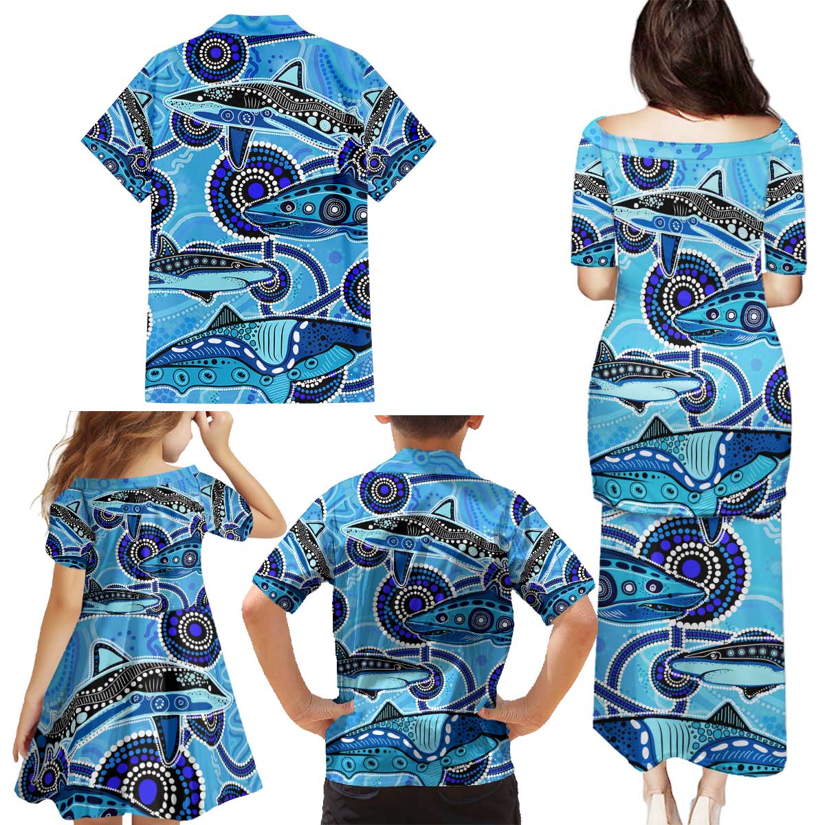 Sharks Aboriginal Australia Family Matching Puletasi and Hawaiian Shirt Indigenous Art Blue