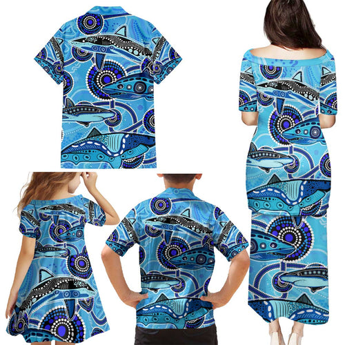 Sharks Aboriginal Australia Family Matching Puletasi and Hawaiian Shirt Indigenous Art Blue